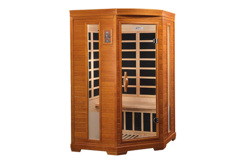 Two-person cedar infrared sauna with glass front doors, black heating panels visible inside, digital control panel, and light