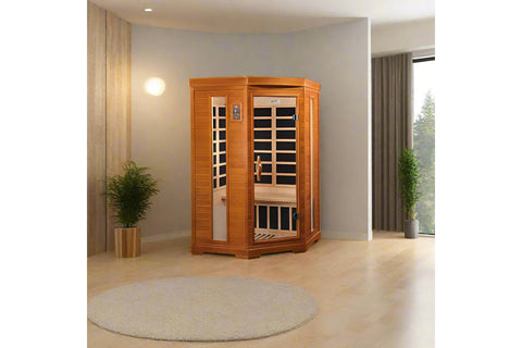 Two-person cedar infrared sauna with curved roof, glass front doors with black interior heating panels, digital control panel