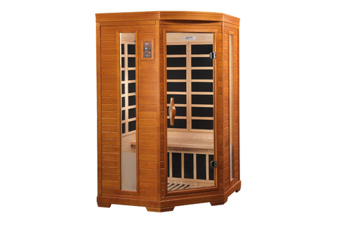 Two-person cedar infrared sauna with curved roof, glass front doors with black interior heating panels, digital control panel