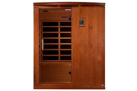 Dynamic Madrid Elite 3-person infrared sauna in honey-toned hemlock wood with glass door and control panel on white backgroun