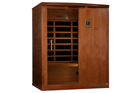 Dynamic Madrid Elite 3-person infrared sauna in honey-toned hemlock wood with glass door and control panel on white backgroun