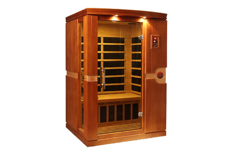 Wooden infrared sauna cabin with hemlock exterior, glass door with wooden frame, interior bench seating, control panel on rig