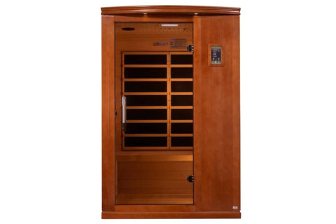 Two-person infrared sauna with warm hemlock wood exterior, glass door with black heating elements visible inside, digital con