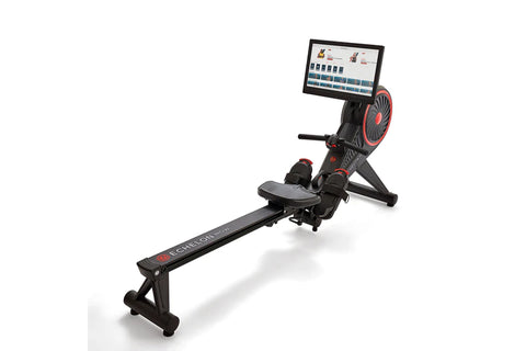 Echelon Row-s black connected rowing machine with red accents, tablet display mount, and digital resistance, shown from side 