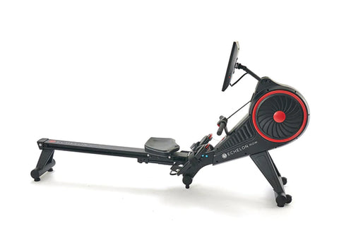 Echelon Row-s black connected rowing machine with red accents, tablet display mount, and digital resistance, shown from side 