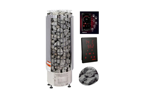 Harvia Cilindro sauna heater package with gray cylindrical unit filled with stones, digital control panel with red display, M