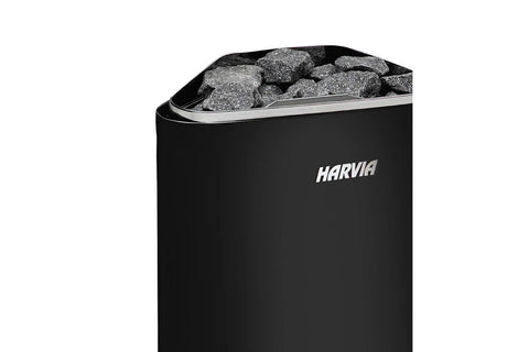 Harvia Delta Combi black electric sauna heater with gray stones and water level indicator on white background