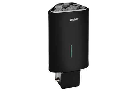 Harvia Delta Combi black electric sauna heater with gray stones and water level indicator on white background