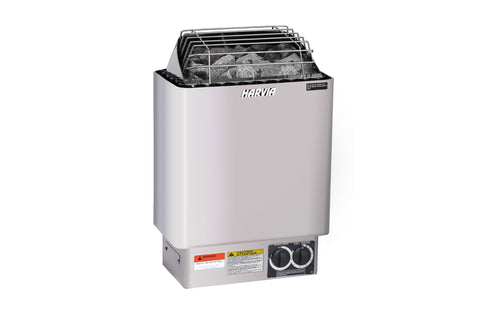 Harvia KIP white electric sauna heater with black interior, metal stone basket, and dial controls on white background