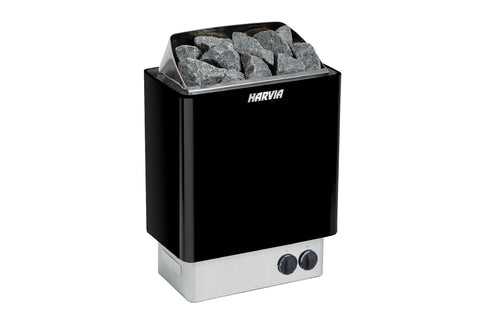 Harvia KIP electric sauna heater with black steel body, stainless steel top basket filled with gray sauna stones, and white b
