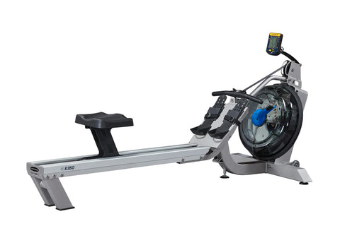 Fluid Rower E350 with gray frame, black seat, large blue flywheel, and digital monitor on mounting arm, on white background