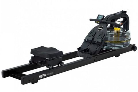 Black fluid rowing machine with digital display, black padded seat, and clear water resistance chamber on white background