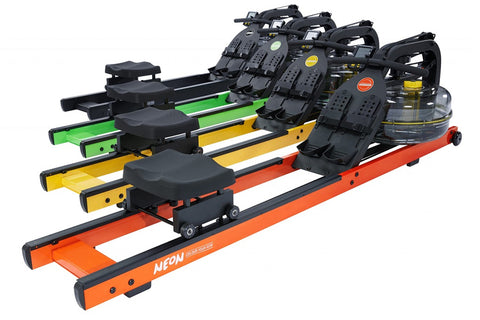 Black fluid rowing machine with digital display, black padded seat, and clear water resistance chamber on white background