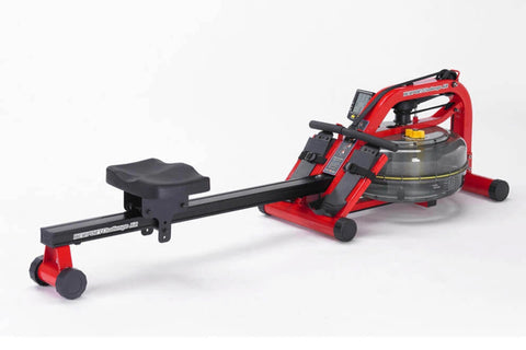 A red and black FluidRower Newport Challenge AR Rower with a black seat and a clear water tank in the center