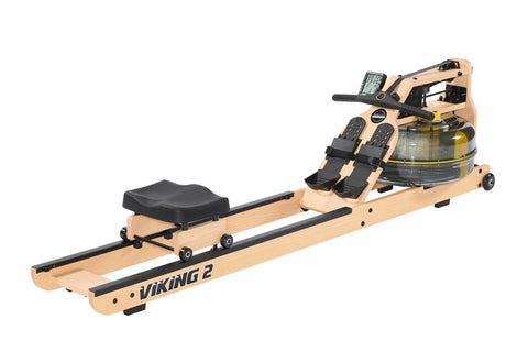 Tan and black Viking 2 Plus Select fluid rower with black seat, digital display, and water resistance tank, shown on white ba