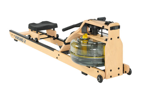 Tan and black Viking 2 Plus Select fluid rower with black seat, digital display, and water resistance tank, shown on white ba