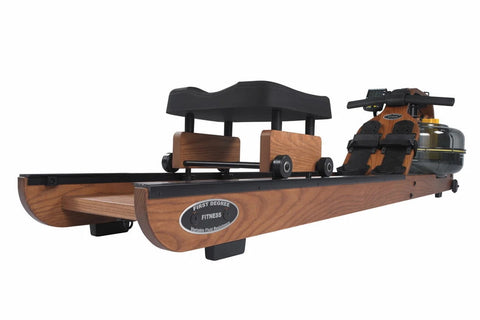 Water rowing machine with wooden frame, black seat, and water tank, shown on white background