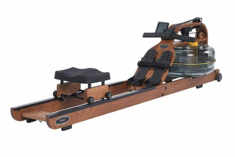 Water rowing machine with wooden frame, black seat, and water tank, shown on white background