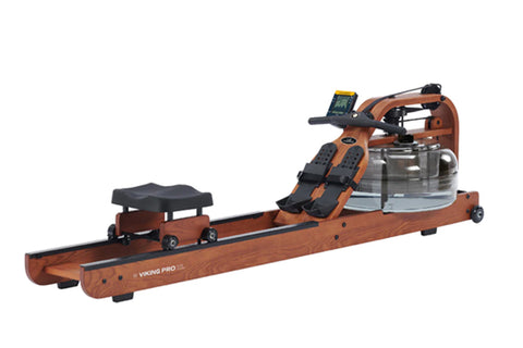 Viking Pro XL brown fluid rowing machine with black seat, digital monitor, and water resistance tank on white background