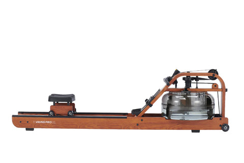 Viking Pro XL brown fluid rowing machine with black seat, digital monitor, and water resistance tank on white background
