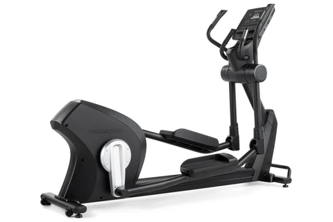Black Freemotion elliptical machine with digital console, curved handles, and foot pedals on white background