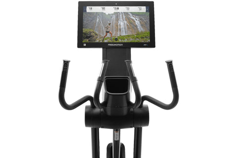 Freemotion e22.9 black elliptical machine with interactive touchscreen display and dual handlebar grips on white background