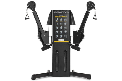 Freemotion Genesis dual cable cross lite machine with black frame, dual adjustable arms with handles, and instruction chart o