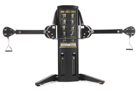 Black Freemotion dual cable cross machine with two adjustable arms, triangular handles, and instruction panel on white backgr