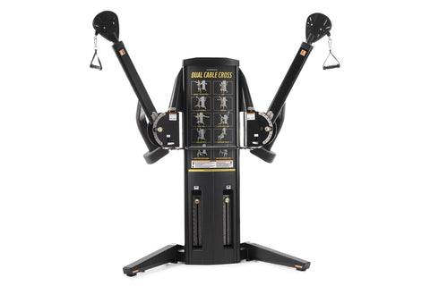 Black Freemotion dual cable cross machine with two adjustable arms, triangular handles, and instruction panel on white backgr
