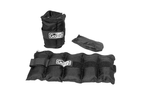 GoFit adjustable ankle weights set with black neoprene pouches and carrying bag on white background