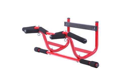 Red and black metal pull-up bar station with horizontal chin-up bar, foam grips, and leg raise handles on white background
