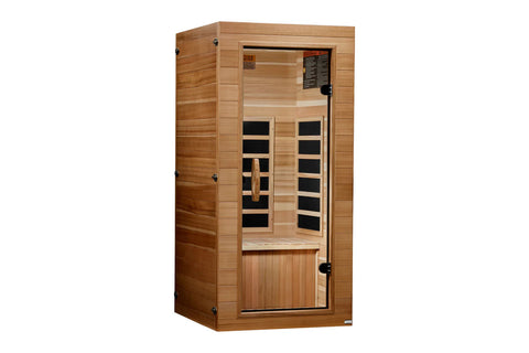 Wooden sauna with glass door