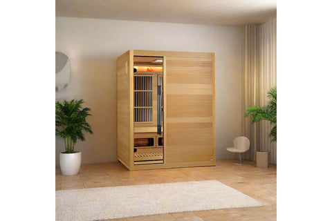 Golden Designs Soria 3-person full spectrum hybrid sauna with wood exterior, glass door, infrared heater, and wood bench inte