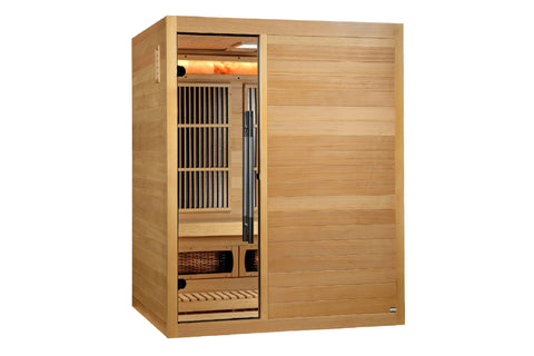 Golden Designs Soria 3-person full spectrum hybrid sauna with wood exterior, glass door, infrared heater, and wood bench inte