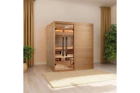 Golden Designs Toledo six-person infrared sauna with cedar wood construction, glass doors with handles, interior benches, and