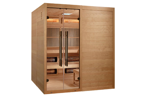 Golden Designs Toledo six-person infrared sauna with cedar wood construction, glass doors with handles, interior benches, and