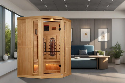 Golden Designs 2-3 person corner infrared sauna with natural wood construction, glass door, interior heaters, and Himalayan s