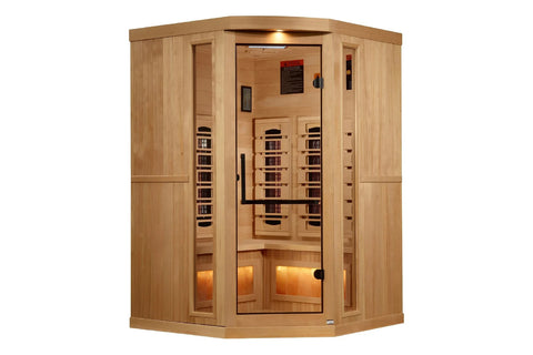 Golden Designs 2-3 person corner infrared sauna with natural wood construction, glass door, interior heaters, and Himalayan s