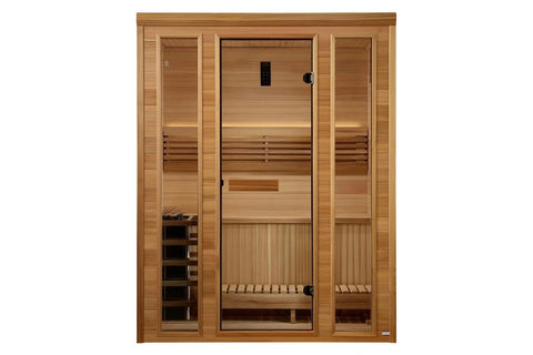 Golden Designs Andermatt Edition three-person traditional steam sauna constructed from light cedar wood with glass door and w