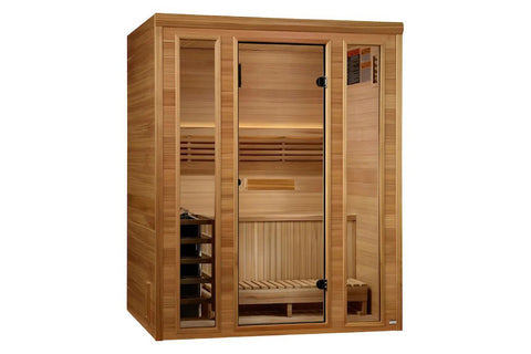 Golden Designs Andermatt Edition three-person traditional steam sauna constructed from light cedar wood with glass door and w