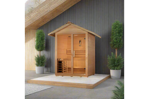 Golden Designs Arlberg outdoor sauna with natural cedar wood construction, peaked roof, two glass doors, and bench seating, p
