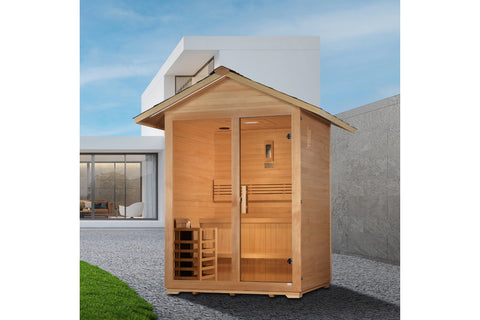 Golden Designs Arlberg outdoor sauna with natural cedar wood construction, peaked roof, two glass doors, and bench seating, p