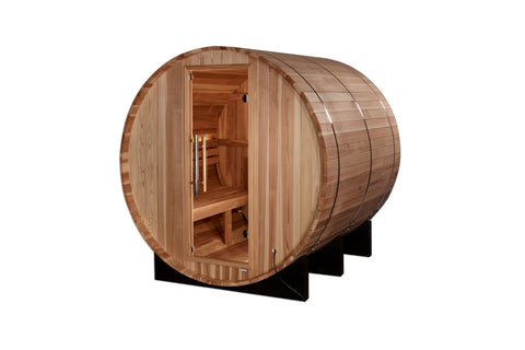 Golden Designs Arosa barrel sauna with natural cedar wood construction, open door showing interior wooden benches, on black s