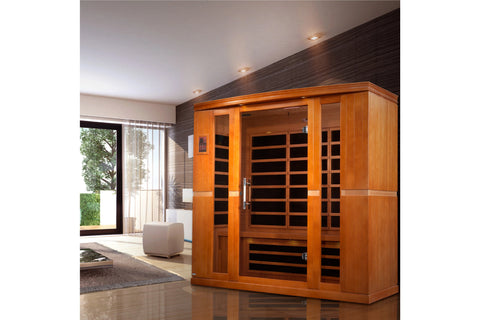 Golden Designs Bergamo four-person infrared sauna with cedar wood construction, glass door panel, and horizontal heating elem