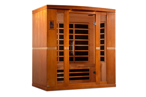 Golden Designs Bergamo four-person infrared sauna with cedar wood construction, glass door panel, and horizontal heating elem