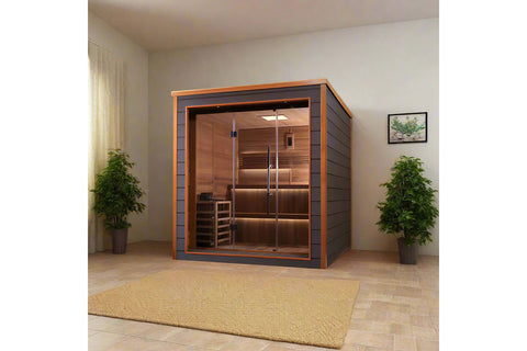 Golden Designs Bergen 6-person traditional sauna with cedar wood interior, glass doors, and ambient lighting on white backgro