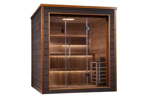 Golden Designs Bergen 6-person traditional sauna with cedar wood interior, glass doors, and ambient lighting on white backgro