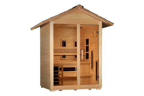 Golden Designs Carinthia 3-person hybrid outdoor sauna, cedar wood construction with peaked roof, glass door, and interior be