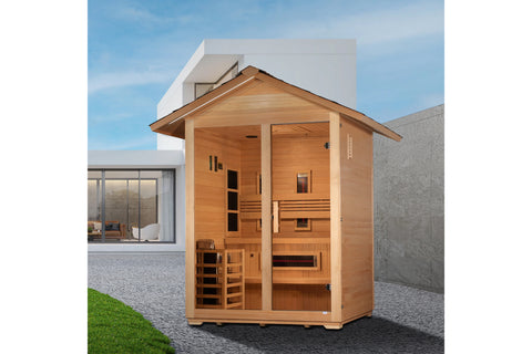 Golden Designs Carinthia 3-person hybrid outdoor sauna, cedar wood construction with peaked roof, glass door, and interior be