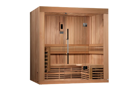 Golden Designs Copenhagen three-person traditional sauna with light wood construction, glass doors, bench seating, and contro